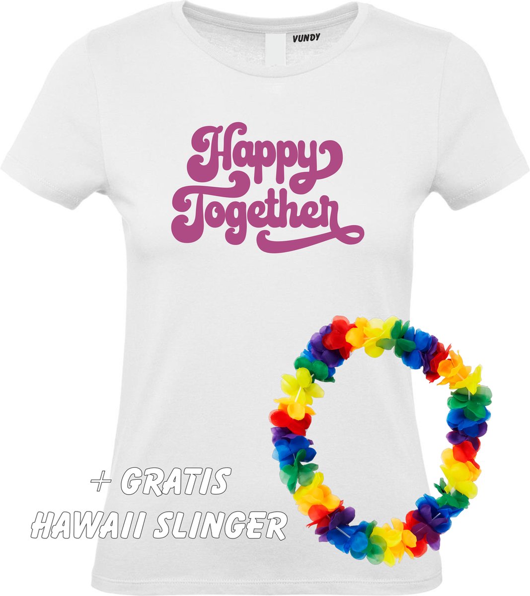 Dames t-shirt Happy Together | Toppers in Concert 2022 | Toppers kleding shirt | Flower Power | Hippie Jaren 60 | Wit dames | maat XXL